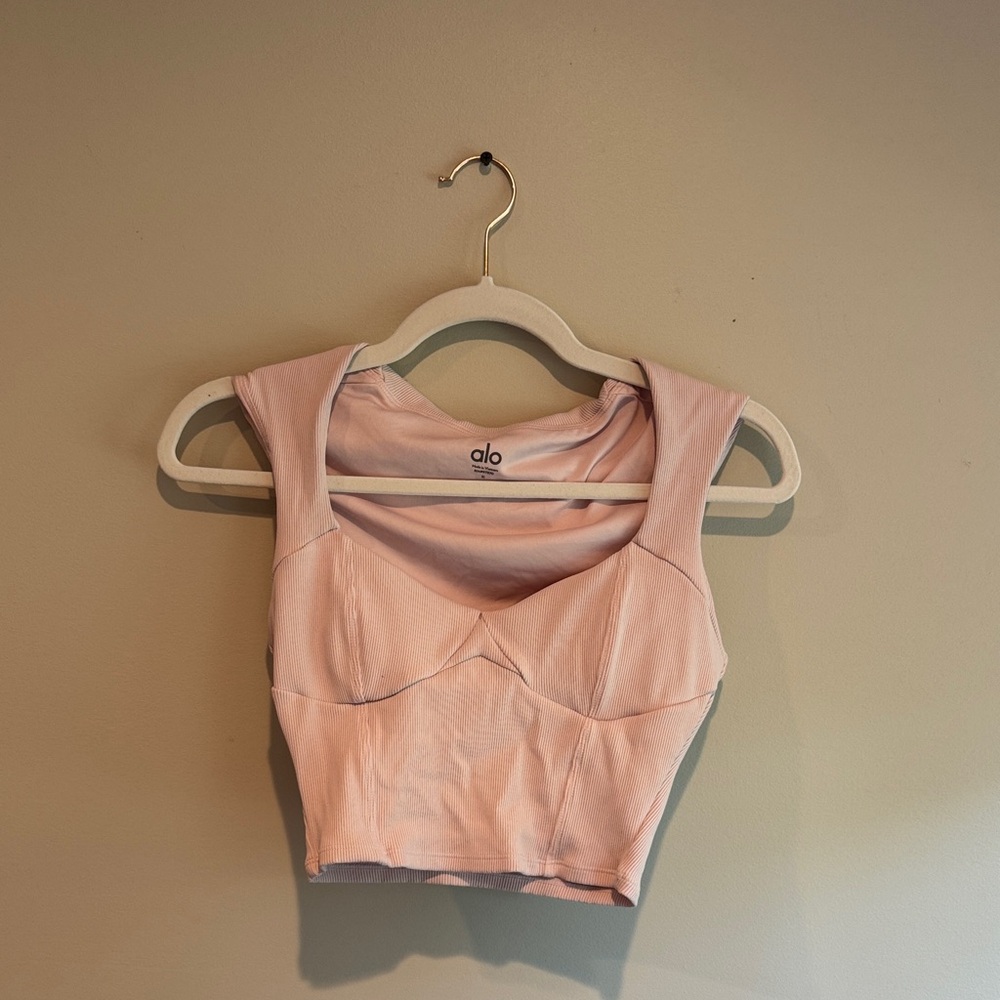 ALO Yoga Pink Ribbed Sweetheart Short Sleeve Top
